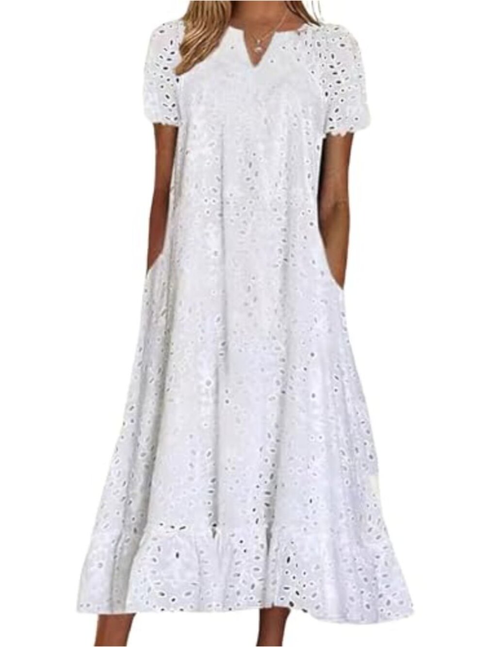 Ruffle Hem Floral Eyelet Lace Midi Dress with Pockets, Cotton Blend